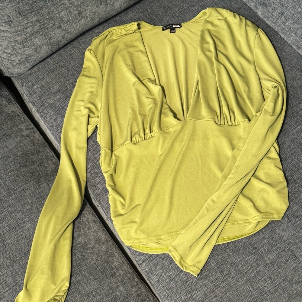 Fashion Nova Green Ruched Long Sleeve Blouse